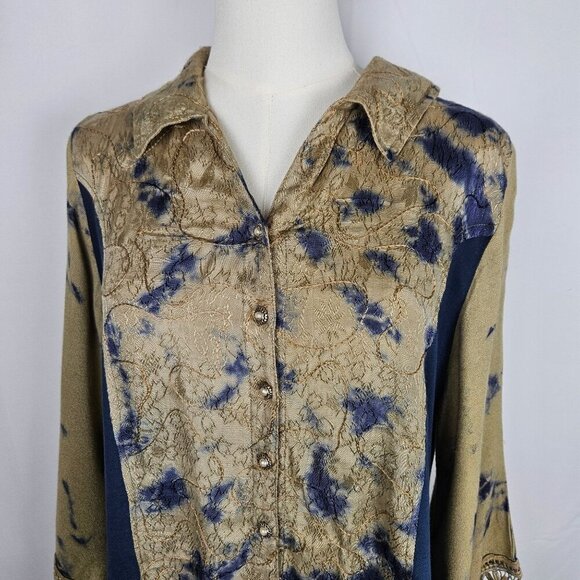 Parsley & Sage Small Button Tie Dye Boho Top Crochet Blue Tan Festival Bell Slv - Picture 2 of 11